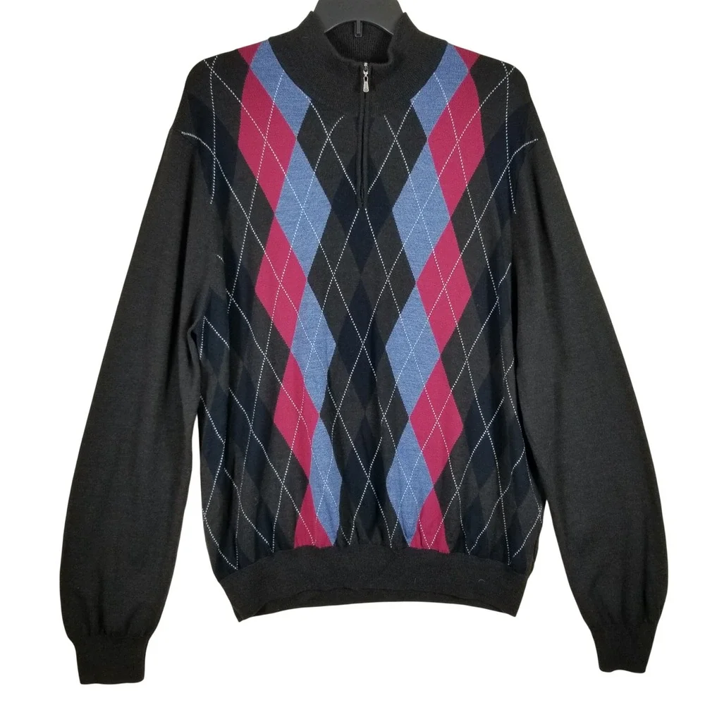 Brooks Brothers Saxxon Wool Argyle‎ Quarter Zip Sweater Mens XXL Charcoal Blue